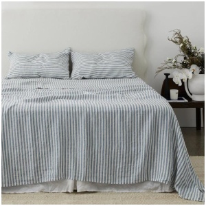 French Flax Linen Sheet Set in Marine Blue Stripe, King / 50cm