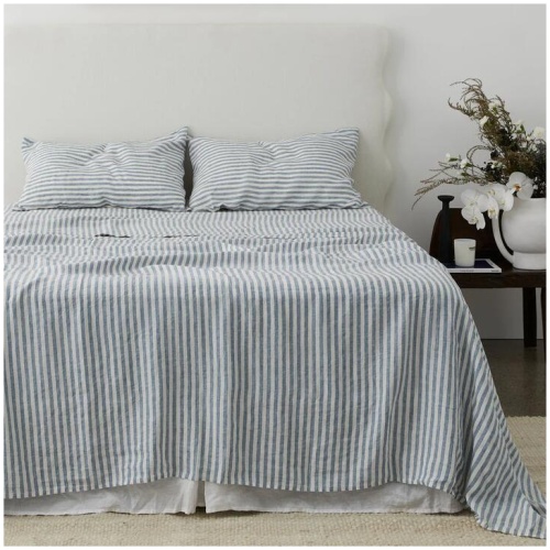 French Flax Linen Sheet Set in Marine Blue Stripe, Queen / 30cm
