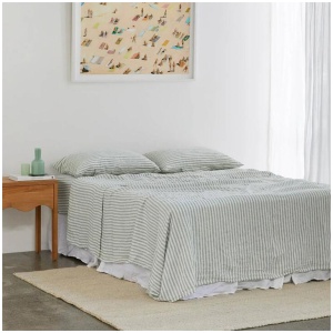 French Flax Linen Sheet Set in Sage Stripe, King / 40cm
