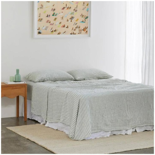 French Flax Linen Sheet Set in Sage Stripe, Queen / 50cm