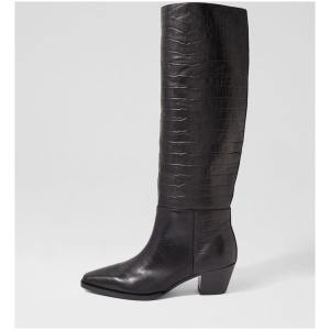 Mollini Joelle Mo Black Croc Leather Black Boots Womens Shoes Casual Long Boots