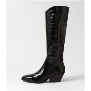 Mollini Relax Mo Black Croc Patent Leather Black Boots Womens Shoes Casual Long Boots
