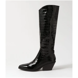 Mollini Relax Mo Black Croc Patent Leather Black Boots Womens Shoes Casual Long Boots