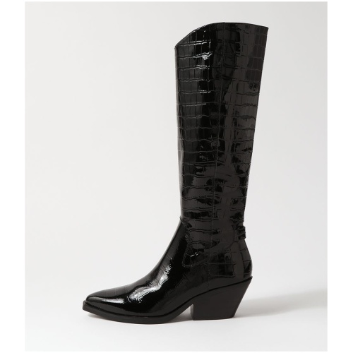 Mollini Relax Mo Black Croc Patent Leather Black Boots Womens Shoes Casual Long Boots