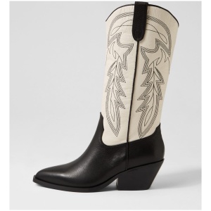 Mollini Riding Mo Black Cream Leather Black Cream Boots Womens Shoes Casual Long Boots