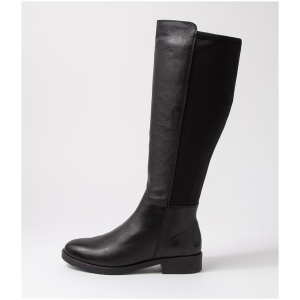 Supersoft Collabrate Su Black Leather Stretch Fabric Black Boots Womens Shoes Casual Long Boots