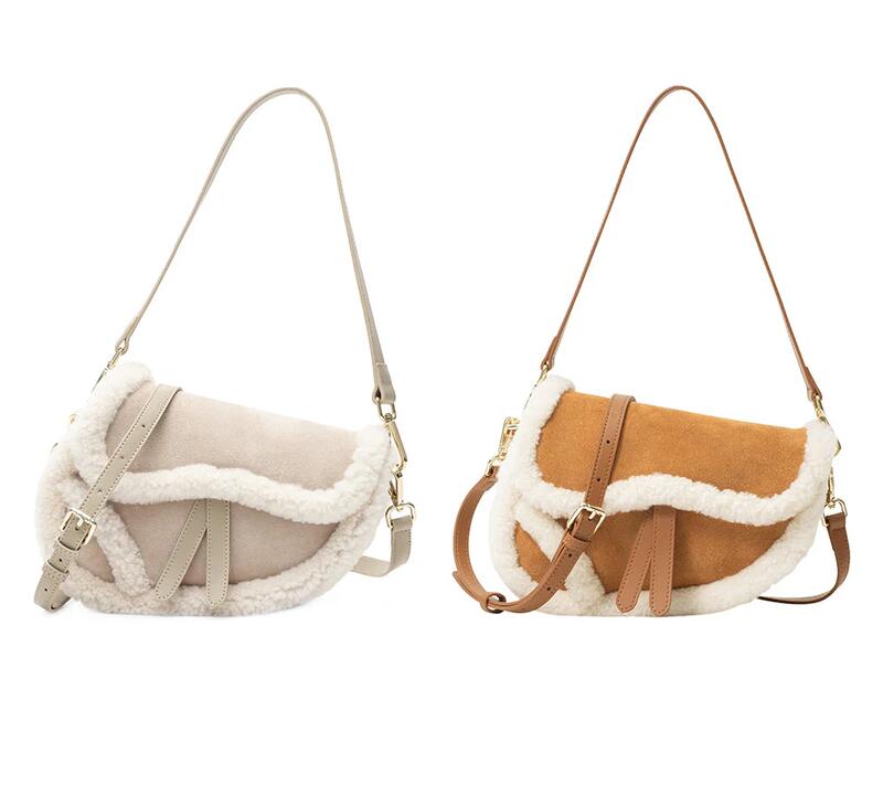 AUSTRALIAN SHEPHERD® Women Fluffy Wool Adjustable Strap Over Shoulder Saddle Bag - Sand / One Size