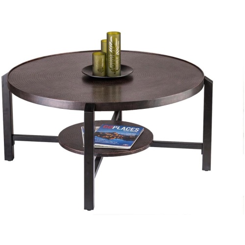 Black Round Coffee Table with Storage Shelf in Copper Finish Top