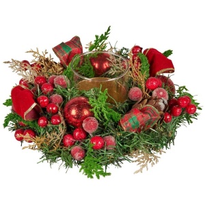Christabelle 26cm Christmas Centrepiece Lush Green Holiday Display w/Red Berries & Hurricane Candle Holder Pre-decorated for Dining Table Console