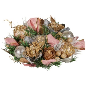 Christabelle 26cm Christmas Centrepiece Lush Green Holiday w/Jewelled Baubles, Foliage, Flowers, Pine Cones, Ribbon