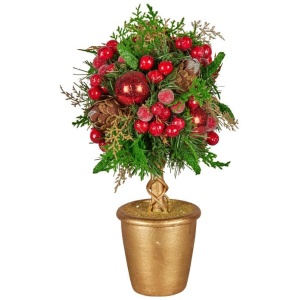 Christabelle 36cm Christmas Tabletop Topiary Tree Pre-Decorated Berries, Baubles & Pine Cones Gold Pot Twisted Stem Festive Decoration