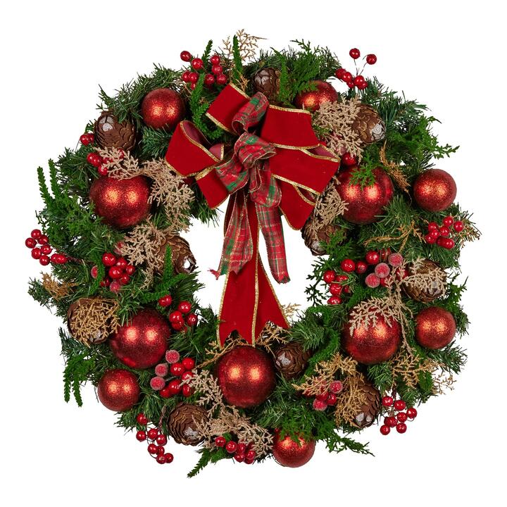 Christabelle 56cm Christmas Wreath Lush Green Holiday Door Wreath with Red Berries, Baubles & Pine Cones Pre-Decorated Festive Wall or Front Door Deco