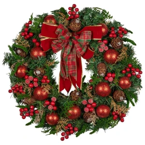 Christabelle 71cm Christmas Wreath Lush Green Holiday Door Wreath with Red Berries, Baubles & Pine Cones Pre-Decorated Festive Wall or Front Door Deco