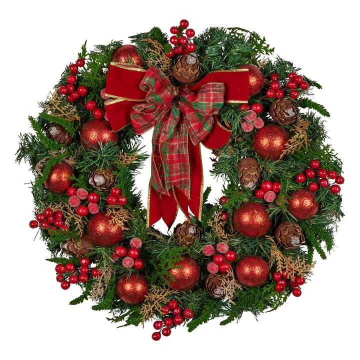 Christabelle 71cm Christmas Wreath Lush Green Holiday Door Wreath with Red Berries, Baubles & Pine Cones Pre-Decorated Festive Wall or Front Door Deco