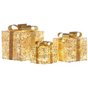 Christabelle Set of 3 Battery Operated Golden Christmas Gift Boxes w/Warm White LED Lights Indoor Decorative Holiday