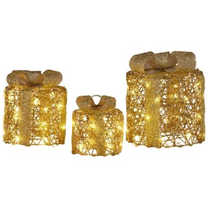 Christabelle Set of 3 Battery Operated Golden Cylindrical Christmas Gift Boxes w/Warm LED Lights Indoor Holiday Present