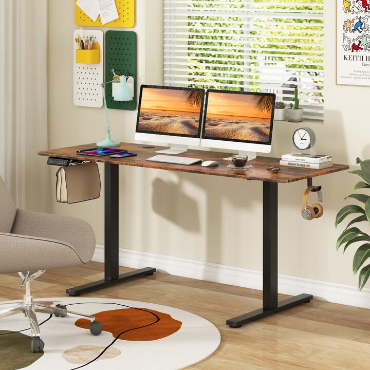 CostwayElectric Standing Desk with 3 Memory Heights and Cable Holes-Rustic Brown