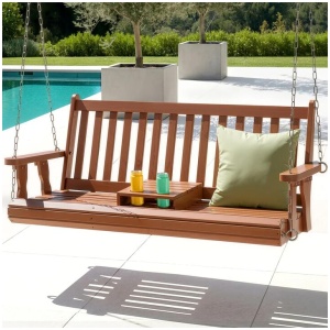 Gardeon Porch Outdoor Swing Chair Patio Furniture Wooden Bench 2 Seat Cup Holder