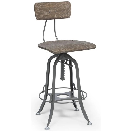 Industrial Swivel Height Adjustable Grey Oak Wood Bar Stool Chair with Back