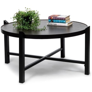 Modern Black Round Coffee Table with Copper Finish Engraved Top