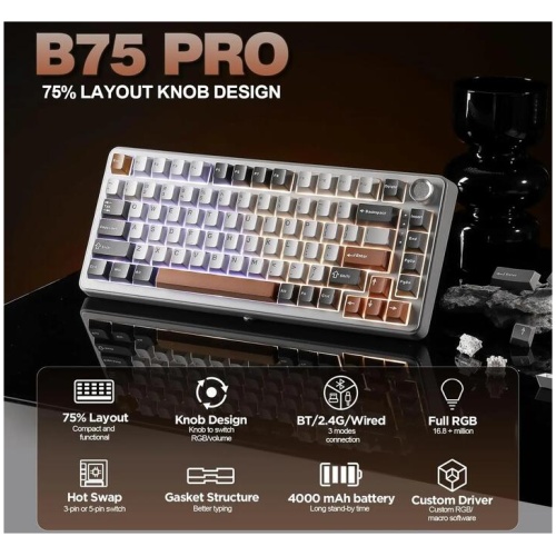 YUNZII B75 Pro 75% Mechanical Keyboard (Grey) (Milk Switch)