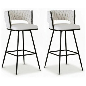 Artiss 2x Bar Stools Kitchen Dining Chair Counter Stool Woven Velvet Metal Ivory