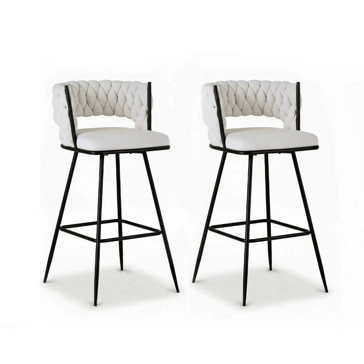 Artiss 2x Bar Stools Kitchen Dining Chair Counter Stool Woven Velvet Metal Ivory