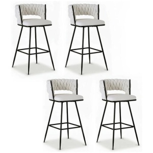 Artiss 4x Bar Stools Kitchen Dining Chair Counter Stool Woven Velvet Metal Ivory