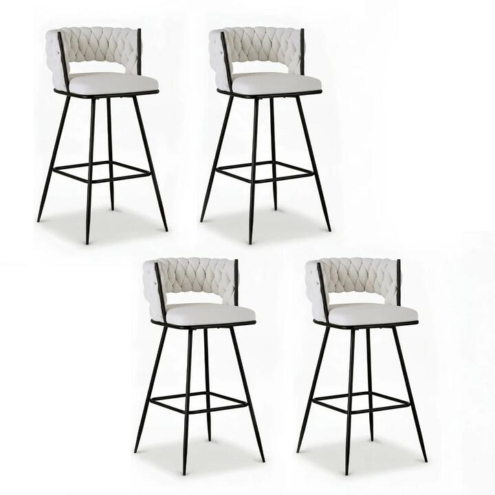 Artiss 4x Bar Stools Kitchen Dining Chair Counter Stool Woven Velvet Metal Ivory