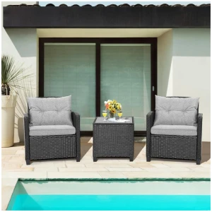 Costway3 Pieces Outdoor Wicker Sofa Set with cushion for Backyard Gray