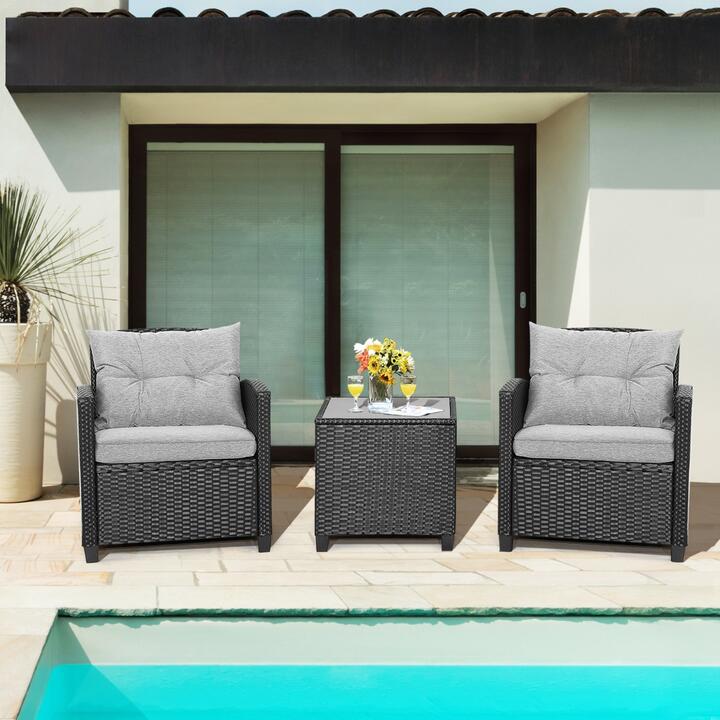 Costway3 Pieces Outdoor Wicker Sofa Set with cushion for Backyard Gray