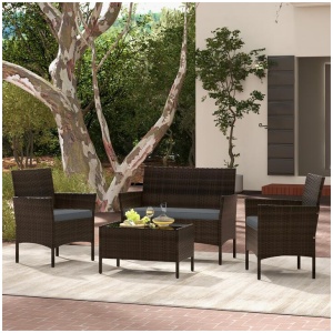 Costway4 Pieces PE Rattan Wicker Outdoor Patio Furniture Set for Garden Poolside-Grey