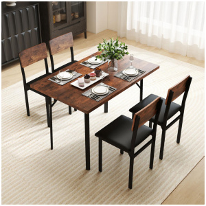 Costway5-Piece Dining Table Set Industrial Kitchen Table and 4 PU Leather Upholstered Chairs -Rustic Brown