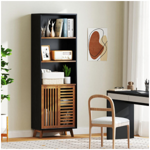 Costway5-Tier Bookcase with Reversible Adjustable Shelf and Sliding Doors-Black