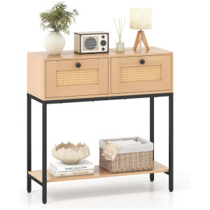 Costway80 cm Boho Console Table 2-Tier Modern Narrow Entryway Table with 2 Drawers and Bottom Shelf-Natural