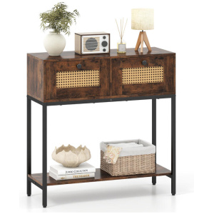 Costway80 cm Boho Console Table 2-Tier Modern Narrow Entryway Table with 2 Drawers and Bottom Shelf-Rustic Brown