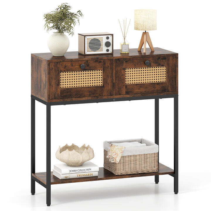 Costway80 cm Boho Console Table 2-Tier Modern Narrow Entryway Table with 2 Drawers and Bottom Shelf-Rustic Brown