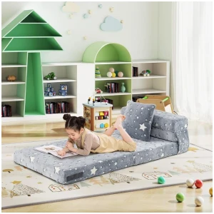CostwayGlow in the Dark Kids Folding Sofa Bed Floor Mattress-Grey