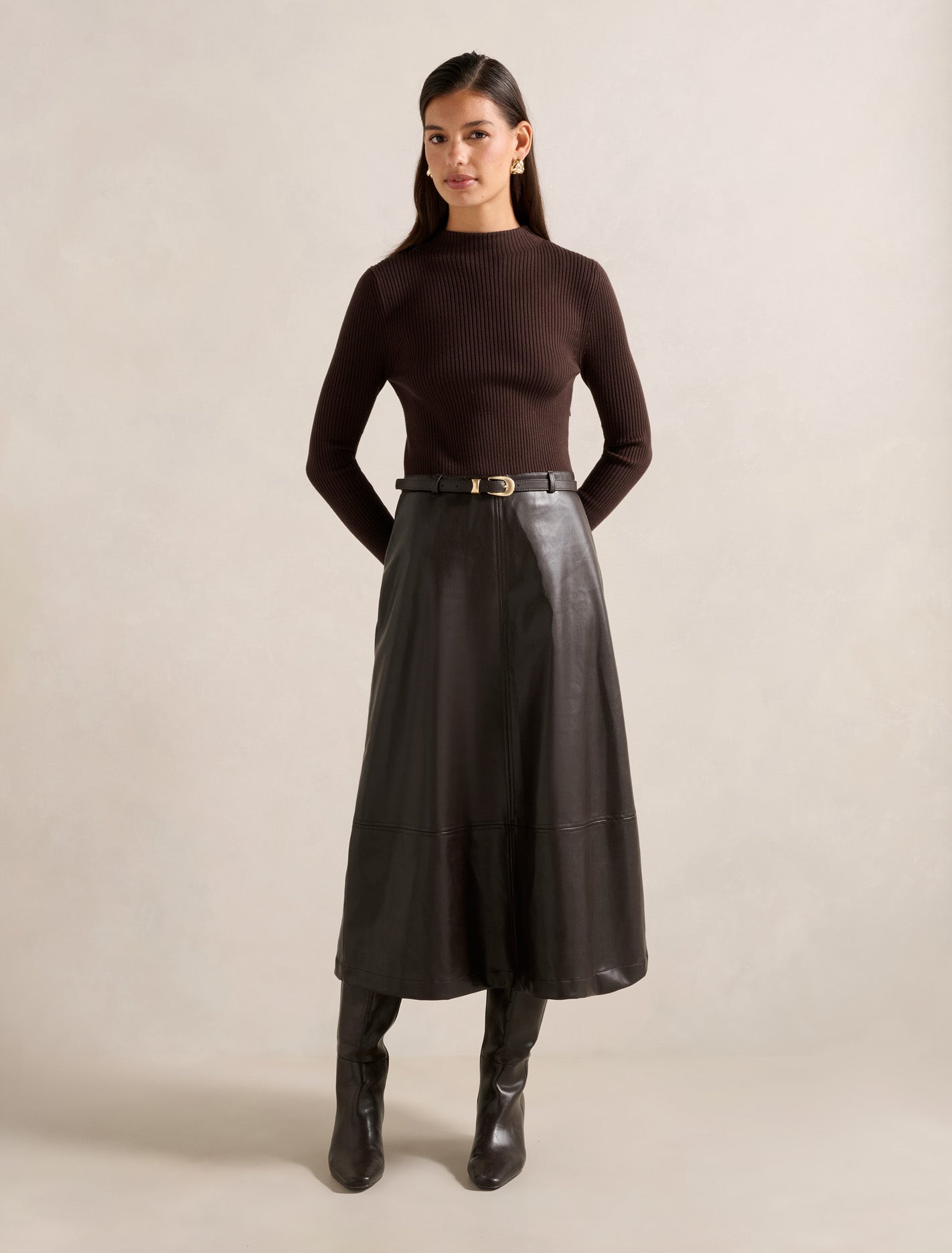 Forever New Women's Brooklyn PU A Line Midi Dress in Shadow Brown