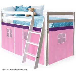 KINGSTON SLUMBER Wooden Kids Single Loft Bed Frame - Hiding Space Underneath with Interchangeable Pink and Blue Curtains