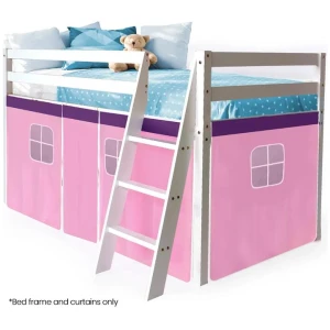 KINGSTON SLUMBER Wooden Kids Single Loft Bed Frame - Hiding Space Underneath with Interchangeable Pink and Blue Curtains