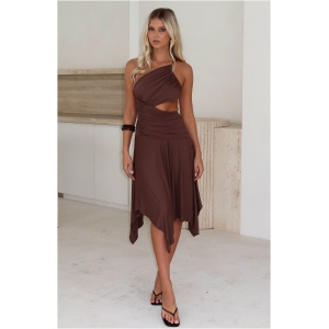 Tie Me Down One Shoulder Midi Dress Chocolate
