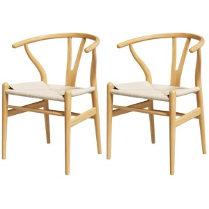 1 Set of 2 Dining Chairs Wooden Rattan Seat Wishbone Back