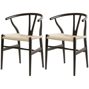 1 Set of 2 Dining Chairs Wooden Rattan Wishbone Black