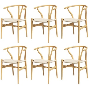 1 Set of 6 Artiss Dining Chairs Wooden Rattan Seat Wishbone Back