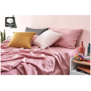 100% French Linen Bed Sheet Set - Rose, Double