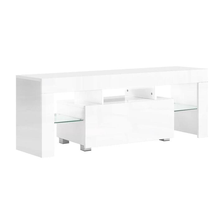 130cm RGB LED TV Stand Cabinet Entertainment Unit Gloss Furniture Drawer Tempered Glass Shelf White