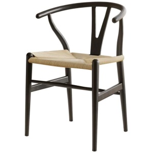 1x Dining Chair Wooden Rattan Wishbone Black
