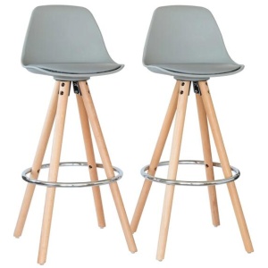 2 PU Leather Padded Barstools (Light Grey/Wood) with Metal Footrest