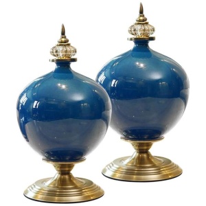 2X 38cm Ceramic Oval Flower Vase with Gold Metal Base Dark Blue